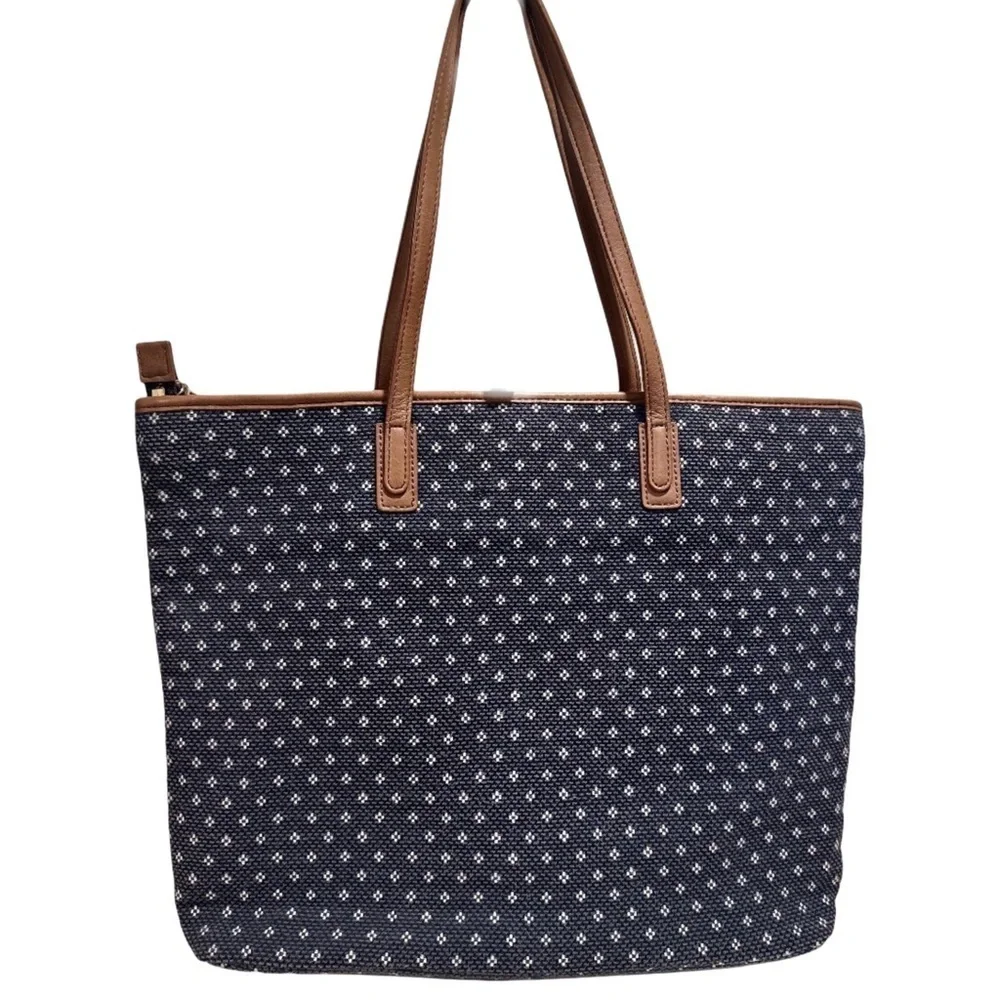 Talbots Woven Large Zip Tote Faux Leather Trimmed Nautical Blue White Dots EUC